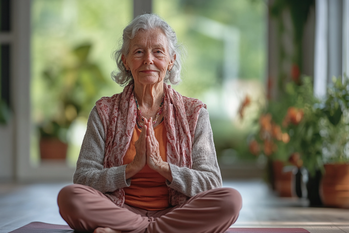 Група людей зрілого віку практикує йогу в світлій студії